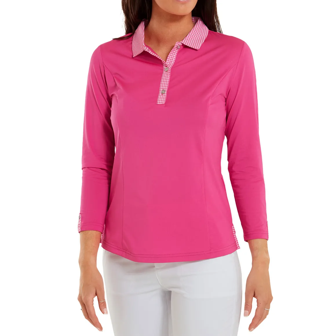 FootJoy Ladies Houndstooth Trim 3/4 Sleeve Lisle Golf Polo Shirt