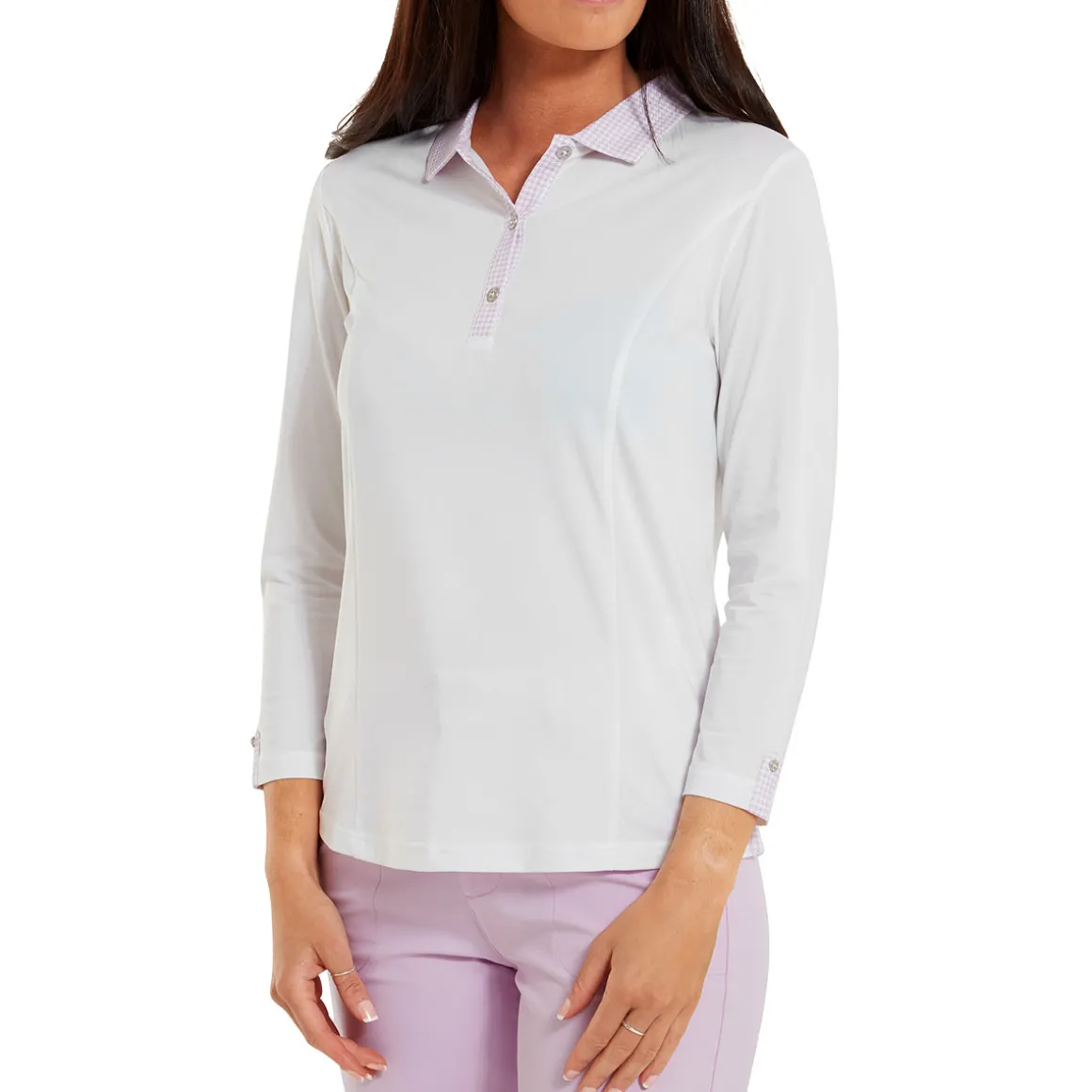 footjoy_ladies_houndstoot_5-1.webp FootJoy Ladies Houndstooth Trim 3/4 Sleeve Lisle Golf Polo Shirt