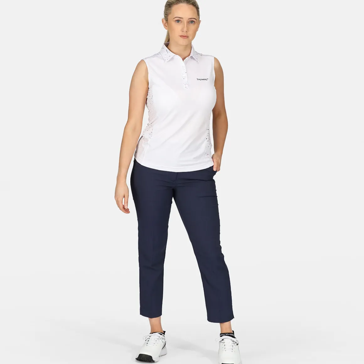 stromberg_ladies_splatter_3-4.webp Stromberg Ladies Splatter Print Sleeveless Golf Polo Shirt